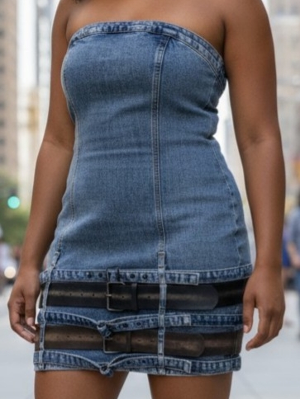 Strapless Denim Mini Dress with Vintage Belt Details Across The Hem🔥🔥NWT